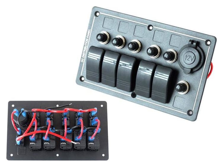 Panel przełączników ALU, ON-OFFx5, 1xGZ, BA 3x5A 2x10A 1x15A IP68