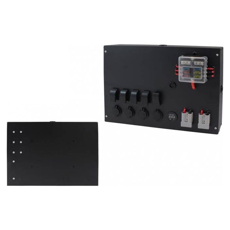 Panel przełączników Box ALU, ON-OFFx5, 3xGZ, USB 3.1A, 1x Voltomierz 6 Bezpieczników IP68