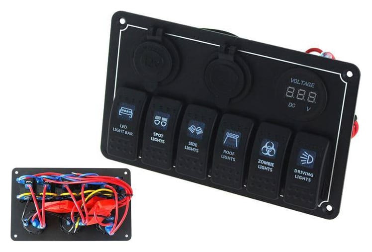 Przełącznik 12/24V ON-OFFx6, 1xZ, 2xUSB 3.1A , 1 LED volt, 3xB 15A IP68 Niebieski
