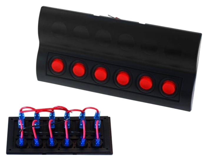 Przełączniki 12/24V IP68 ON-OFFx6, 6xB 3x5A 2x10A 1x15A, LED IP68